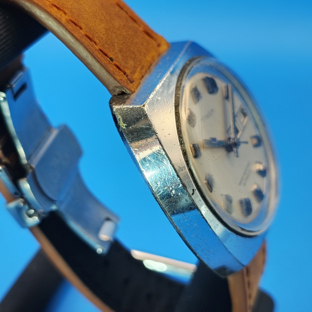 Vintage 1971 Timex Automatic Day Date 39mm Mens Mechanical Watch Leather Strap - Picture 3 of 10